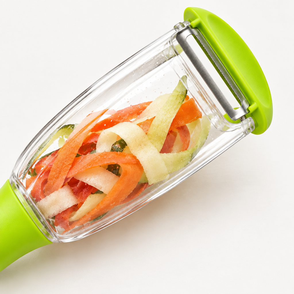 Illustrative close-up of peeler blade and clear peel container