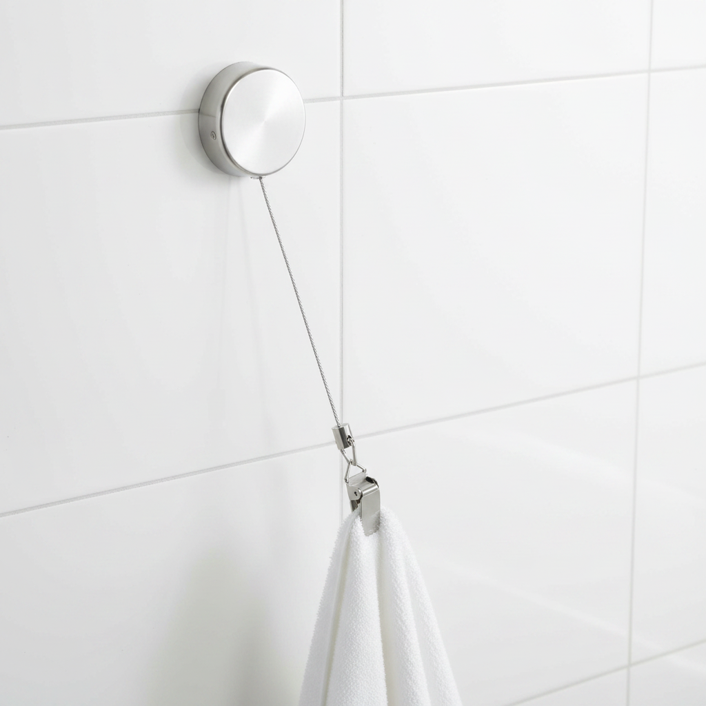 Stainless steel retractable towel holder installed on a bathroom wall with a white hand towel