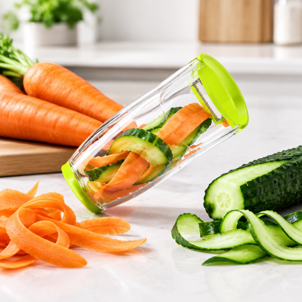 Illustrative kitchen scene with container vegetable peeler