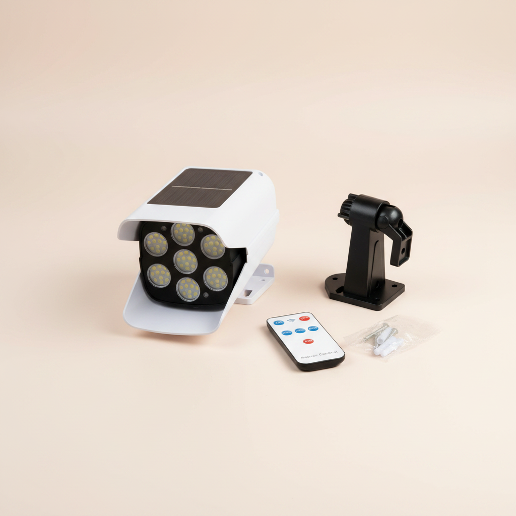 Solar sensor light with remote and mounting accessories on a studio background