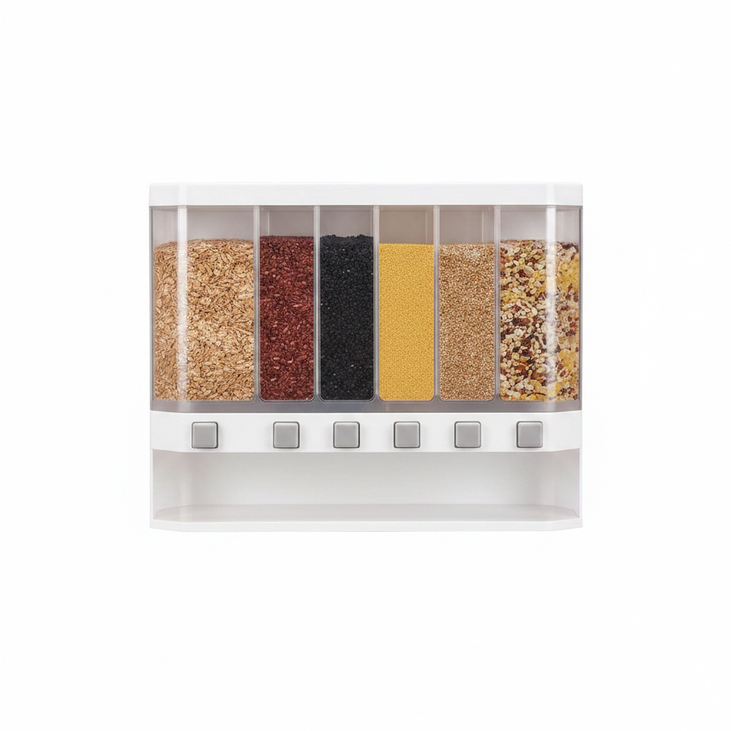Clean front view of a white wall-mounted six-grid cereal dispenser with no labels or extra objects