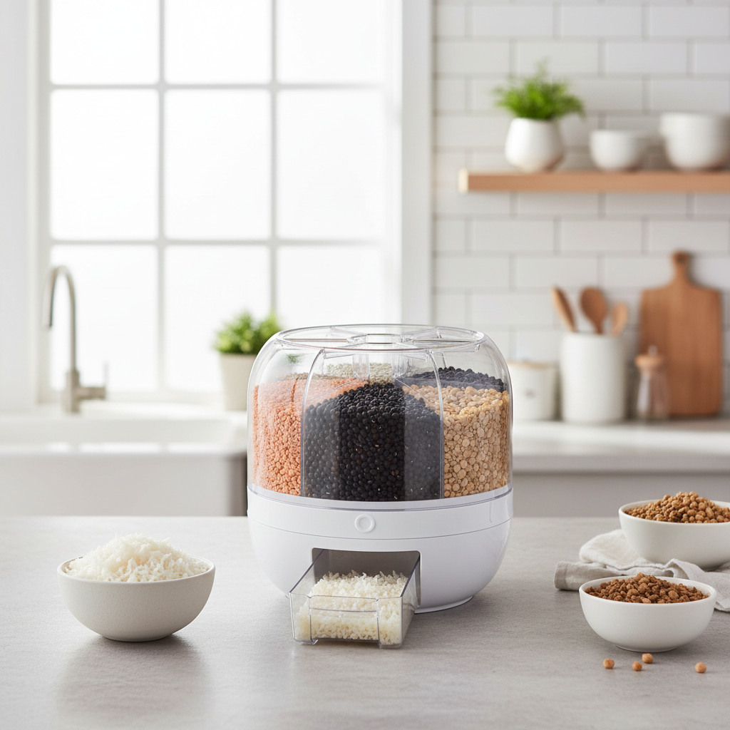 Transparent rotating grain storage container on a modern kitchen counter