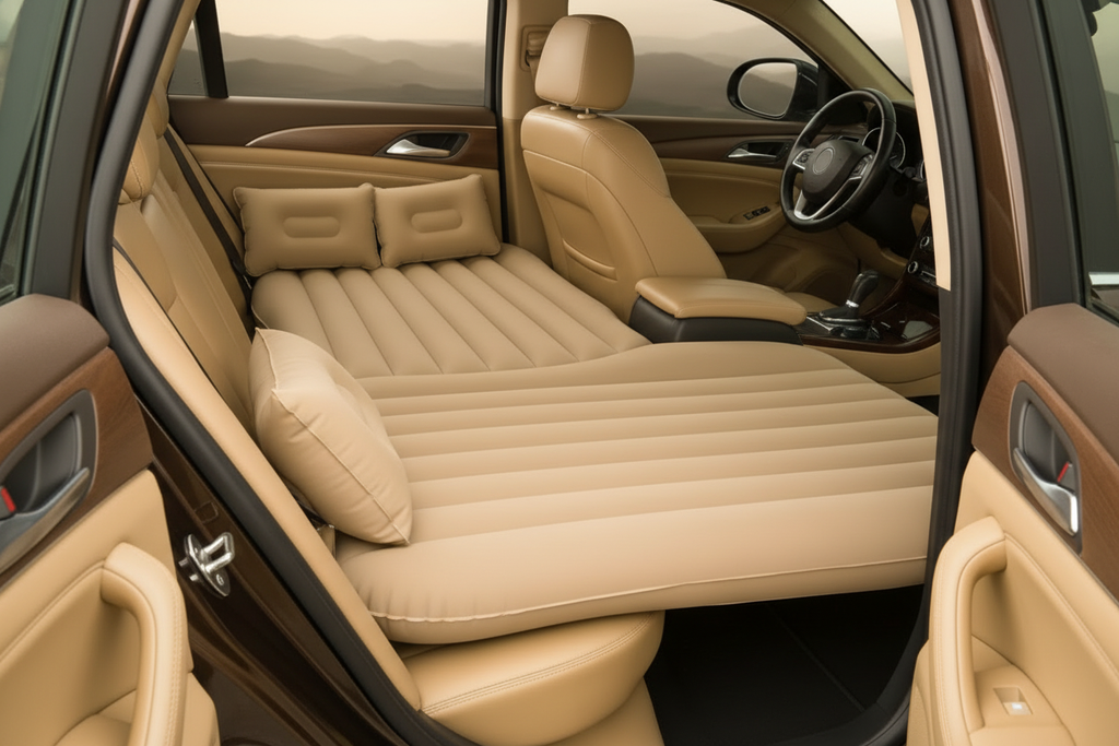 Beige inflatable car bed with two pillows installed across a car rear seat