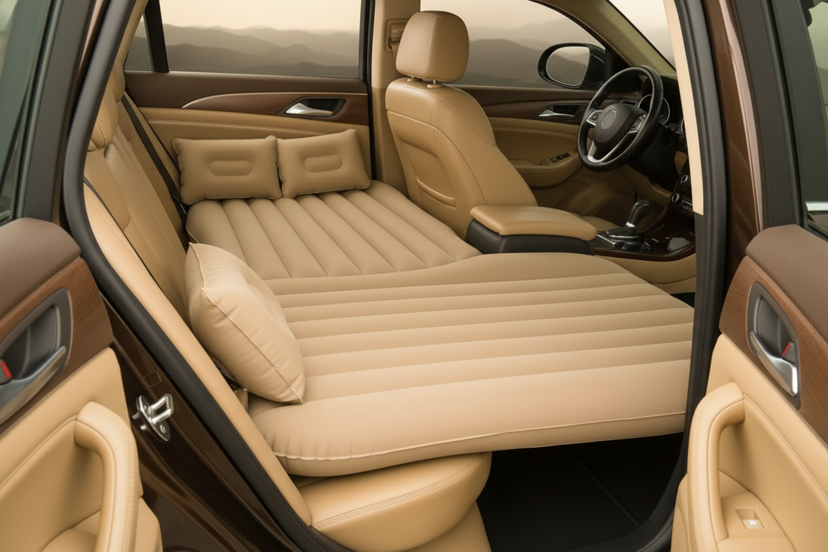 Beige inflatable car bed with two pillows installed across a car rear seat