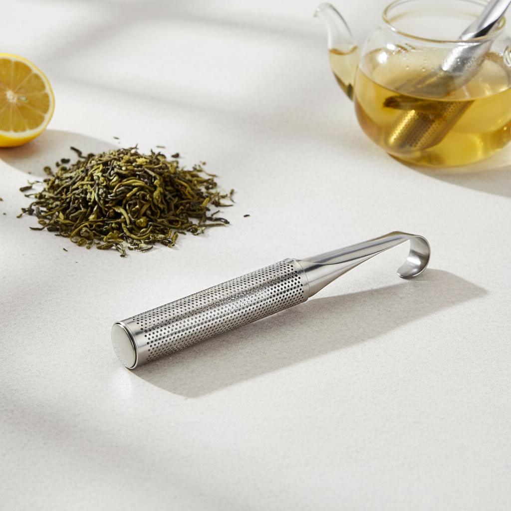 Stainless steel tea infuser beside loose tea leaves and a glass teapot