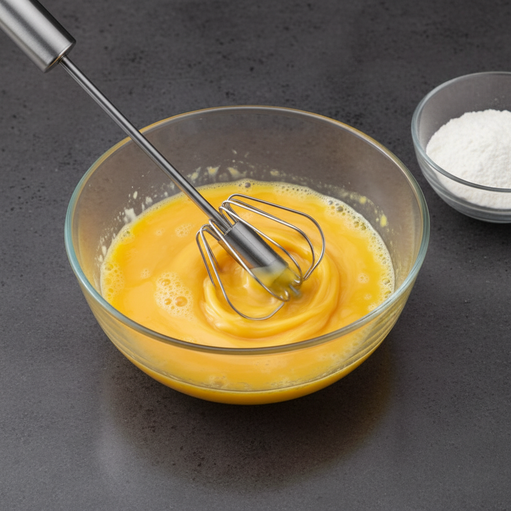 Rotary egg beater mixing eggs